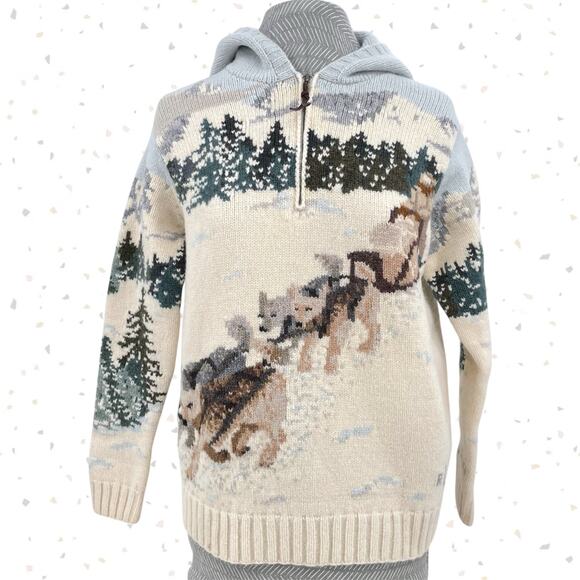 Vintage Ralph Lauren Wool Sweater Sled Dog Huskies Winter Holiday Hoodie Size S - Picture 1 of 16